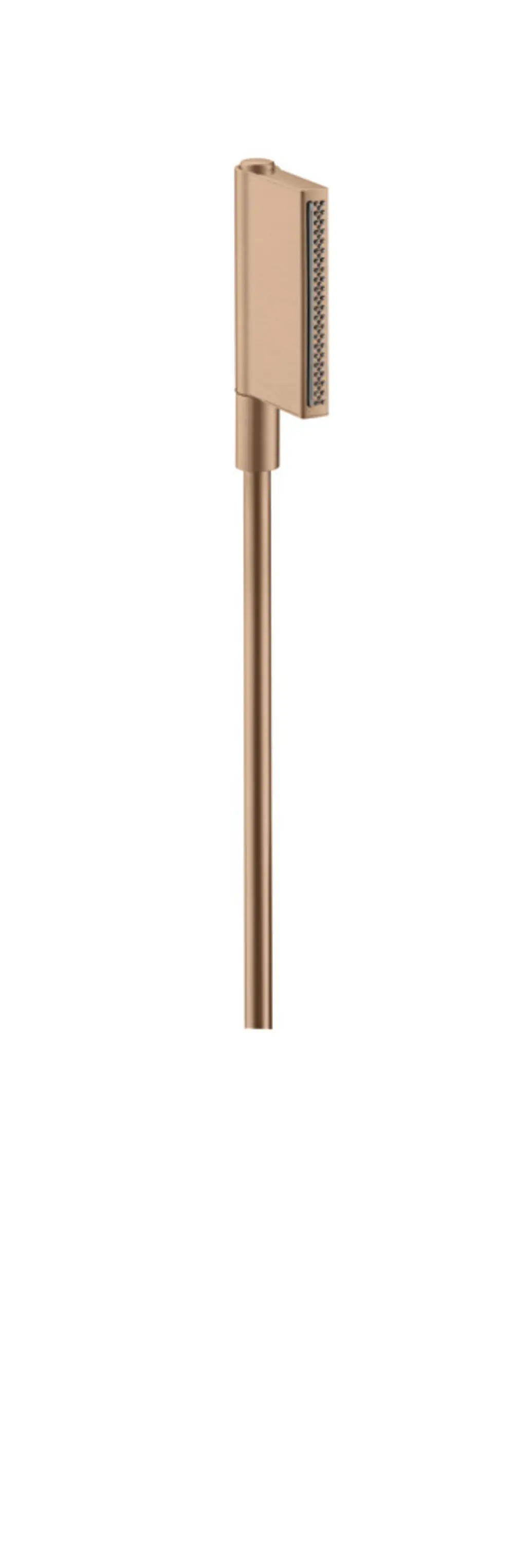 Einwandfreie Handbrause in gebürstetem Rotgold von AXOR mit schlankem, minimalistischen Design. Der Kopf hat eine rechteckige Form mit einem zweistrahligen Auslass.